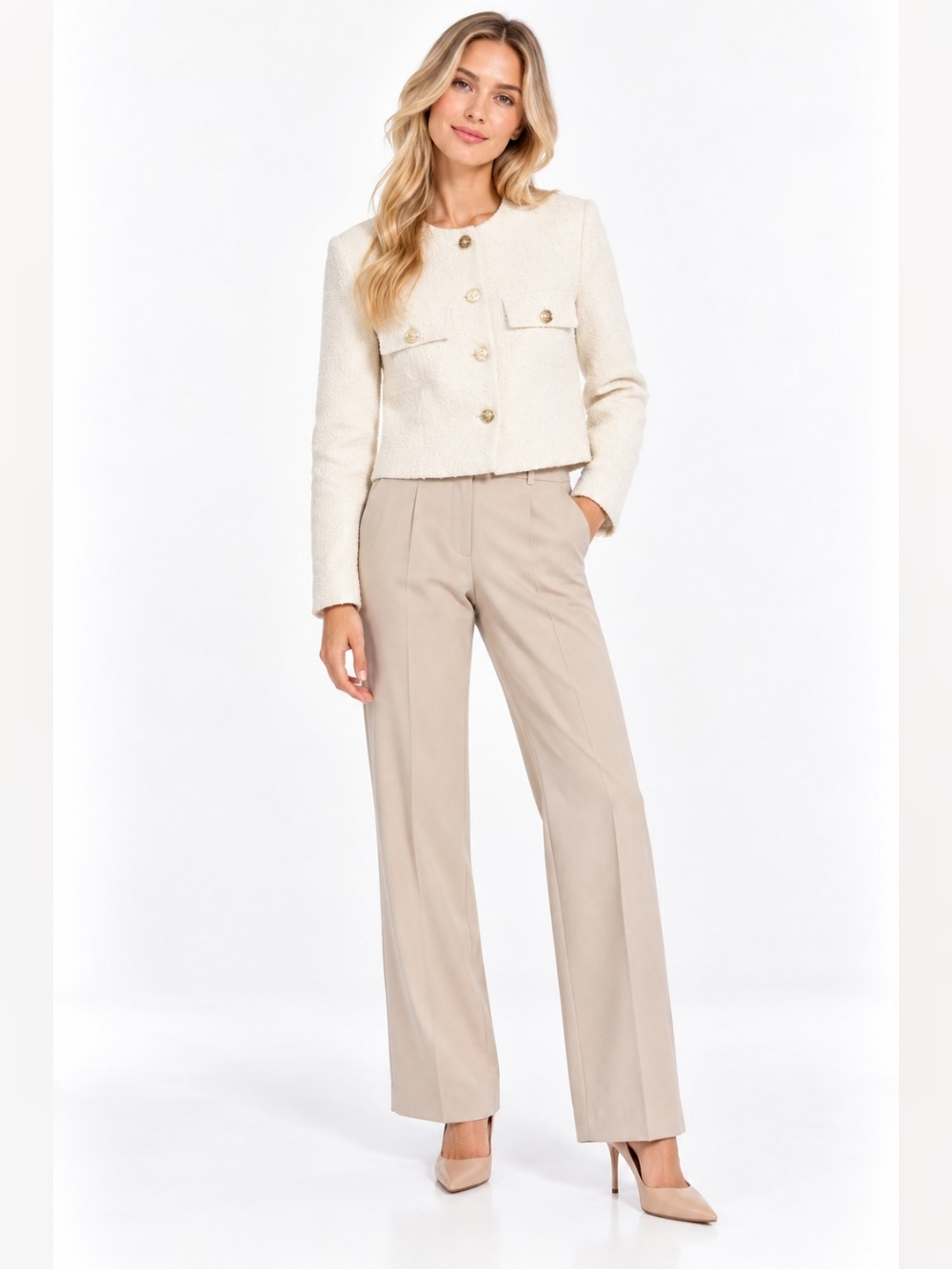 NEW ZARA Size M Cream Tweed Textured Crop Blazer